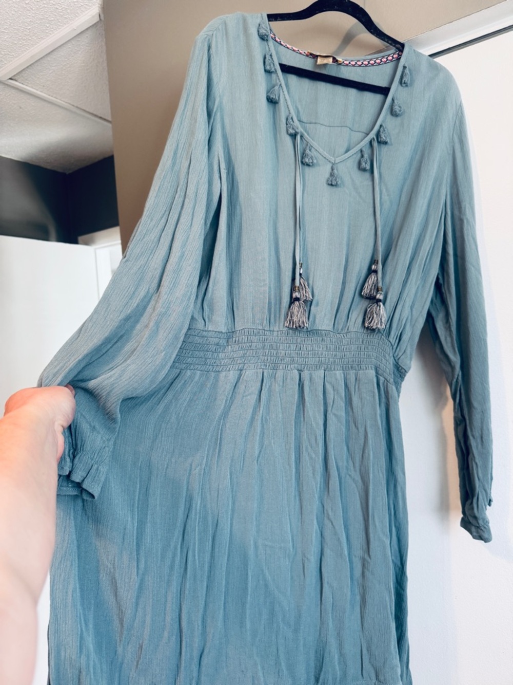 Davina Boho Goddess Maxi Dress Tiered Tassels Dusty Teal Seafoam Mint Dress